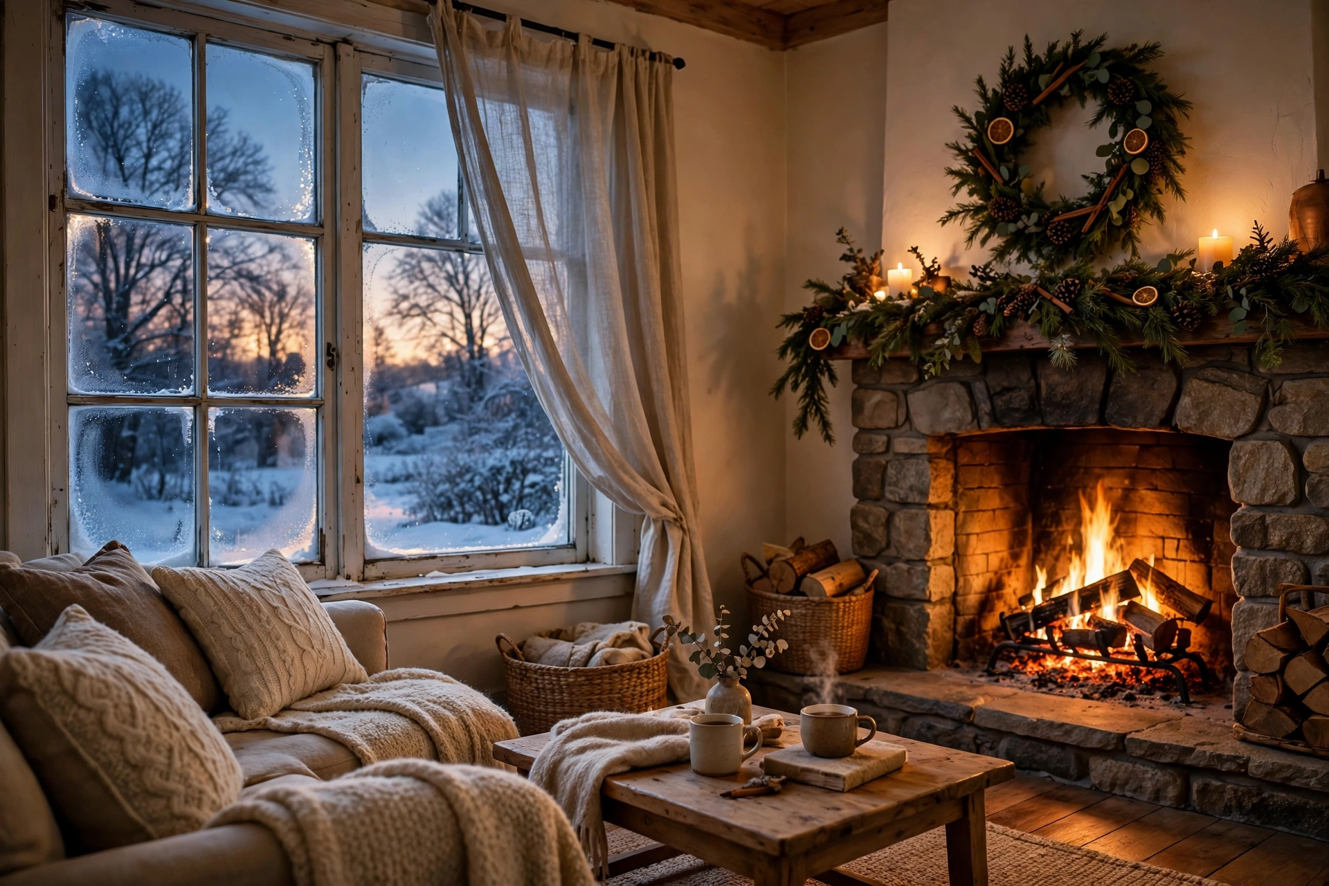 A cozy home interior in winter with warm light