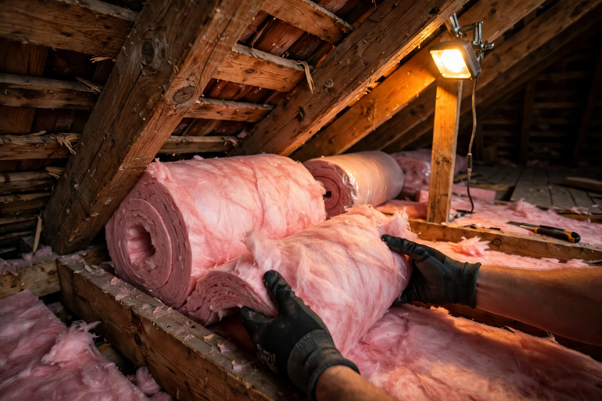 Insulation rolls being installed in a home attic