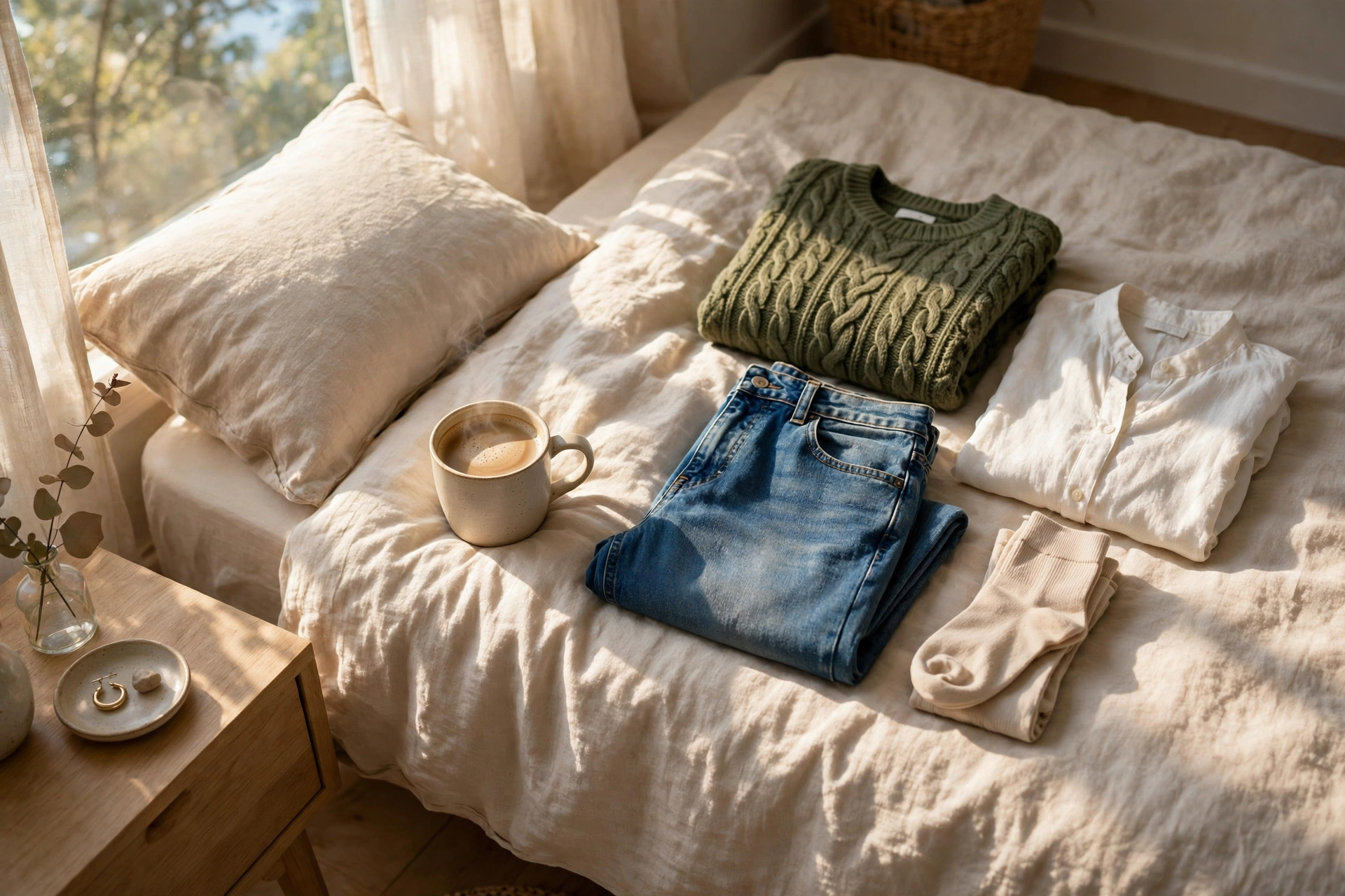 A calm morning with coffee and laid-out clothes