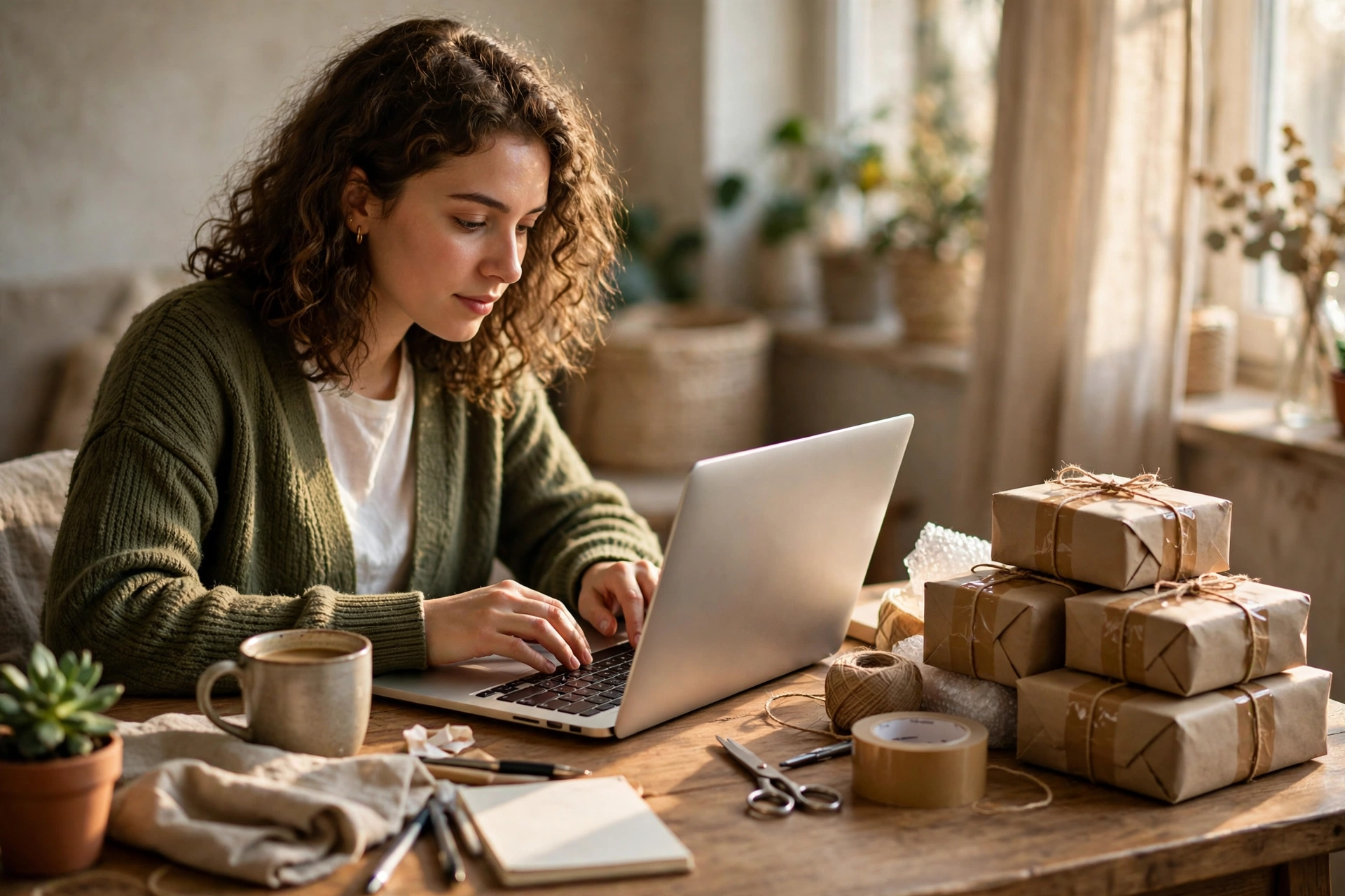 Working on a laptop at a home desk with small parcels